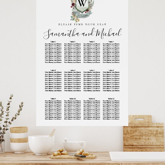 Groot Rood Floral Crest 12-Tabel Zitkuur Poster (Keuken)