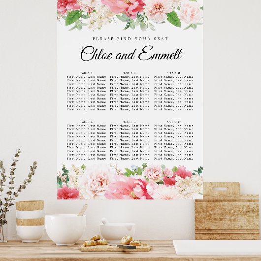 Groot roze 6-tabel weddenschapenkaart poster (Keuken)