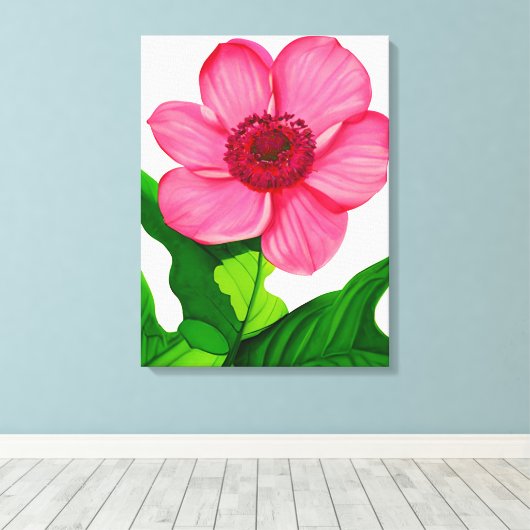 Groot roze annemon met Emerald Green Leaves Canvas Afdruk (Insitu (Houten vloer))