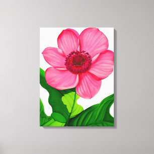 Groot roze annemon met Emerald Green Leaves Canvas Afdruk