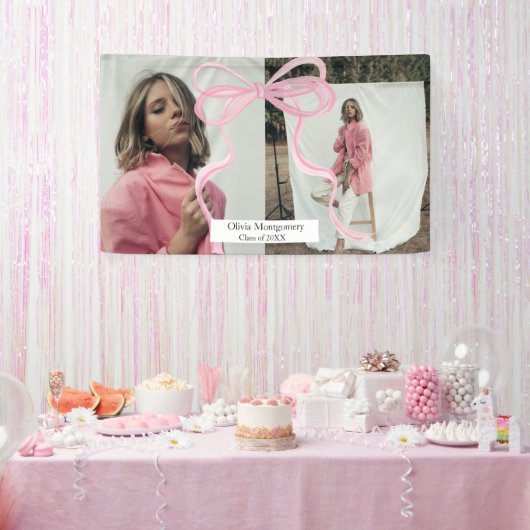 Groot roze coquette boog twee foto Afstuderen Spandoek (Feest)