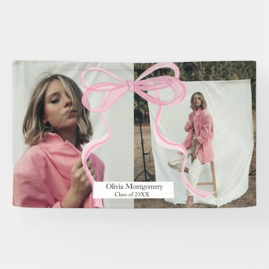 Groot roze coquette boog twee foto Afstuderen Spandoek (Horizontaal)