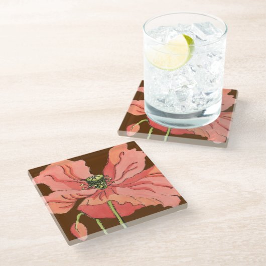 Groot roze ventiel met diepe rode achtergrond glazen onderzetter (Schuin)