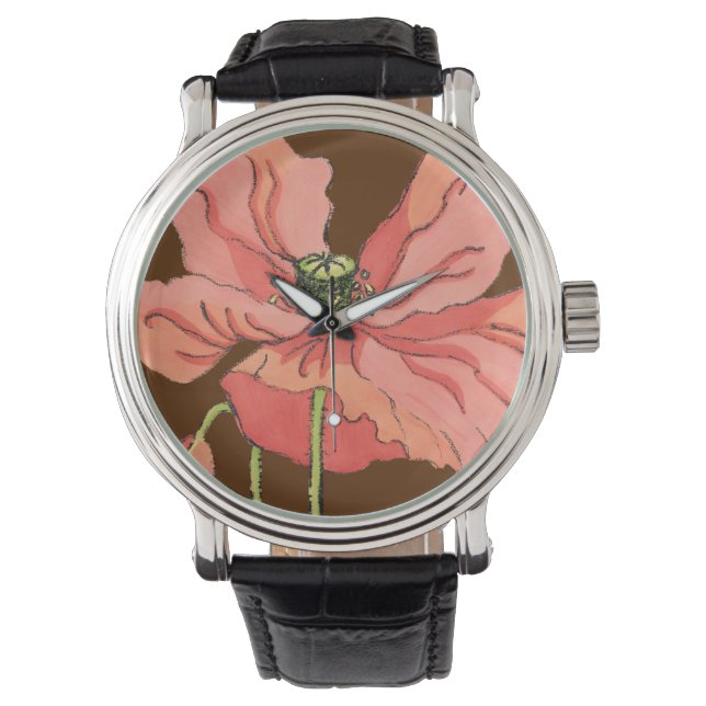 Groot roze ventiel met diepe rode achtergrond horloge (Voorkant)