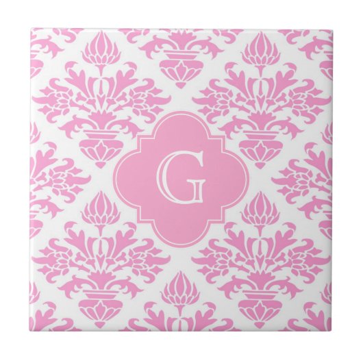 Groot roze witte flacon Damask roze monogram label Tegeltje (Voorkant)