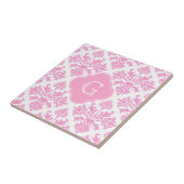 Groot roze witte flacon Damask roze monogram label Tegeltje (Zijkant)