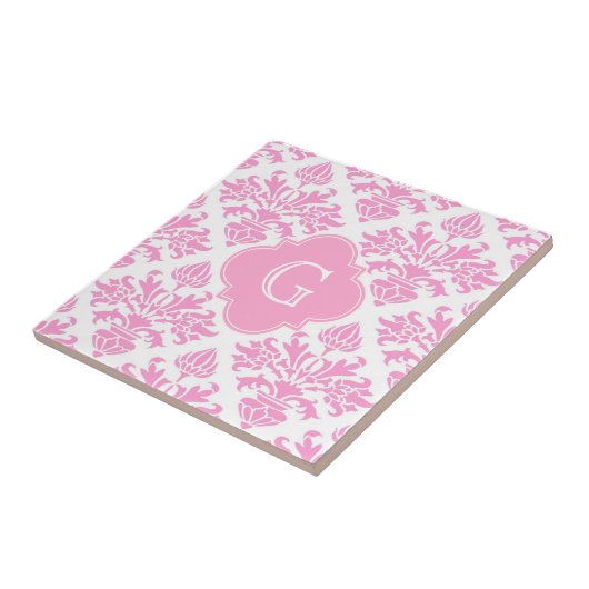 Groot roze witte flacon Damask roze monogram label Tegeltje (Zijkant)