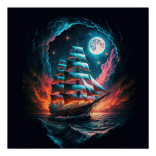GROOT SCHIP ZEILEN IN DONKERE NACHT DROOM ODYSSEY PERFECT POSTER