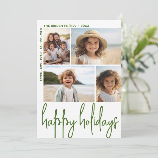 Groot script Olive Green - 4 foto offset - Happy Feestdagenkaart (Staand voorkant)