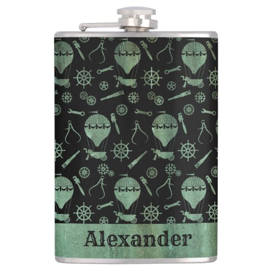 Groot thema Stampunk Verdigris-ballonnen Aangepast Heupfles (Voorkant)