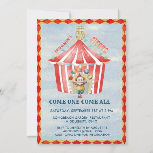 Groot Top Circus Carnaval Vijfde Verjaardag Kaart (Achterkant)