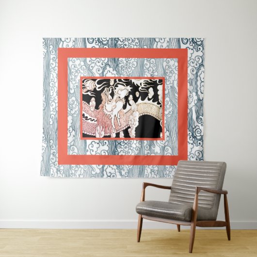 GROOT WANDTAPIJT MET DRAAK EN JAPANS GOLFPATROON WANDKLEED (In Situ (horizontaal))