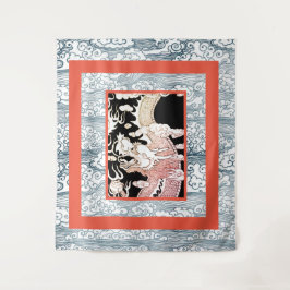 GROOT WANDTAPIJT MET DRAAK EN JAPANS GOLFPATROON WANDKLEED