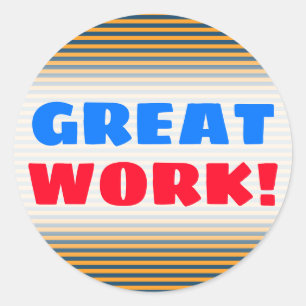 "GROOT WERK!"; Blauw- en Oranje Stripes-/lijnpatro Ronde Sticker