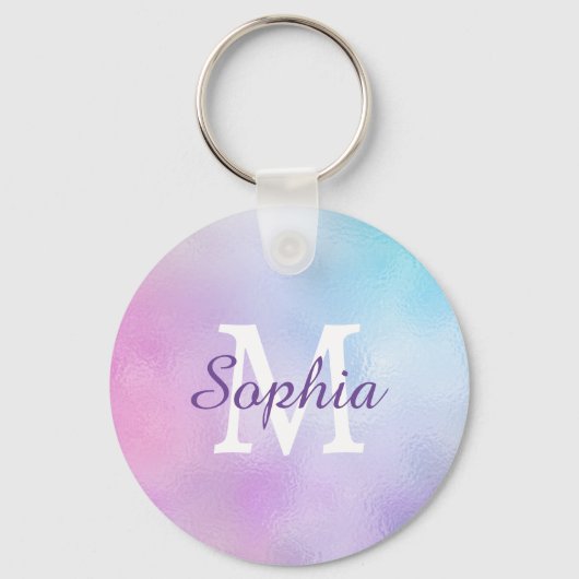 Groot whitemonogram en Paarse Script Name Iridesce Sleutelhanger (Voorkant)