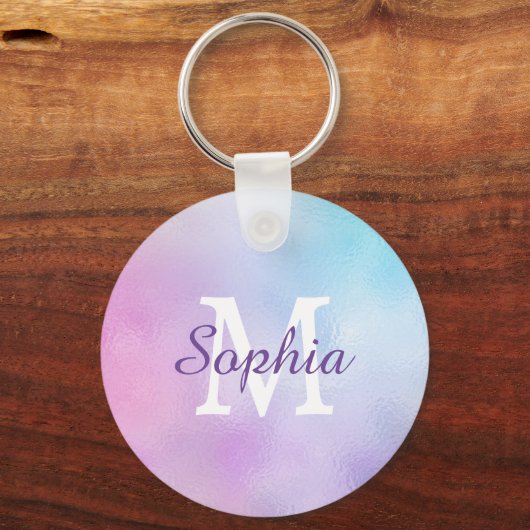 Groot whitemonogram en Paarse Script Name Iridesce Sleutelhanger (Achterkant)