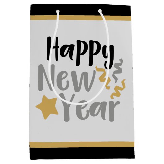 Groot zwart goud Happy Nieuwjaarsfeest Medium Cadeauzakje (Voorkant)