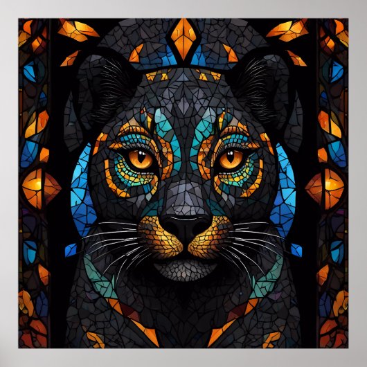 Groot Zwart Kat Mozaïek Gebrandschilderd Glas effe Poster (Voorkant)