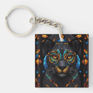 Groot Zwart Kat Mozaïek Gebrandschilderd Glas effe Sleutelhanger