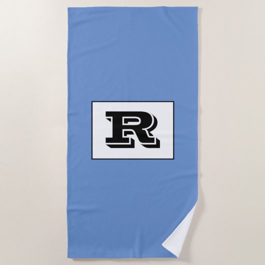 Groot zwart monogram, zwart, blauw strandlaken (Voorkant)