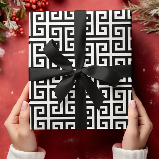 Groot zwart-wit Grieks sleutelpatroon Cadeaupapier