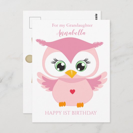 Grootaughter First Birthday Cute Pink Owl Photo Ca Briefkaart (Voorkant / Achterkant)