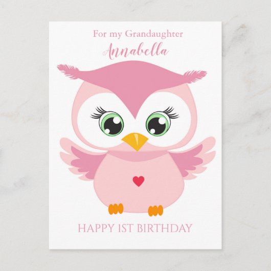 Grootaughter First Birthday Cute Pink Owl Photo Ca Briefkaart (Voorkant)
