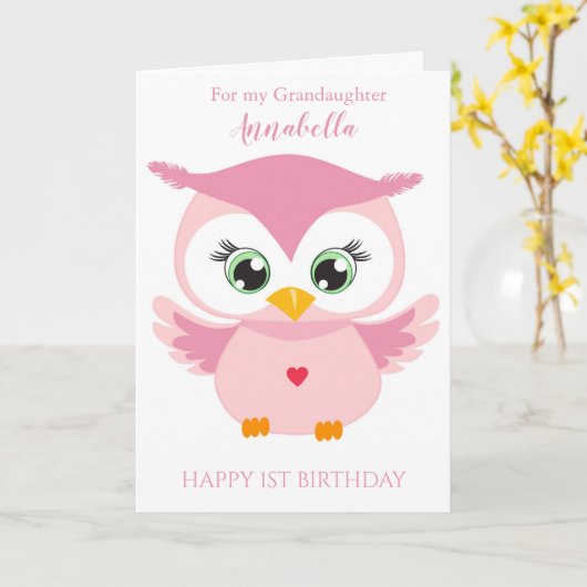 Grootauteur eerste verjaardag Cute Pink Owl Foto Kaart (Gele Bloem)
