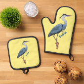 Grootblauwe cartoon afbeelding ovenwant & pannenlap set (Top down)