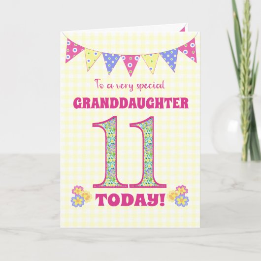 Grootdochter 11th Birthday Primroses Bunting Kaart (Voorkant)