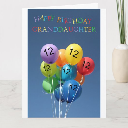Grootdochter 12e verjaardagsballonnen kaart (Voorkant)