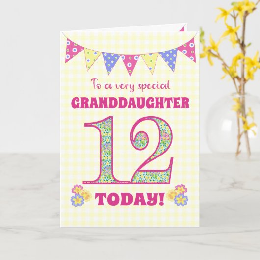 Grootdochter 12th Birthday Primroses Bunting Kaart (Gele Bloem)