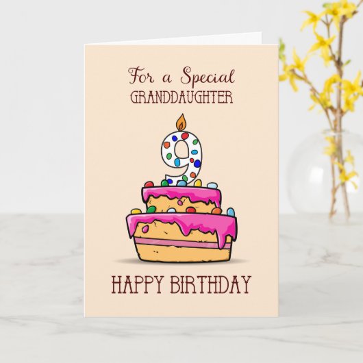 Grootdochter 9th Birthday, 9 op de zoete roze Cake Kaart (Gele Bloem)