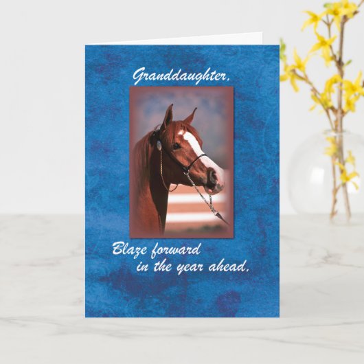 Grootdochter Birthday Horse op Blue Kaart (Gele Bloem)