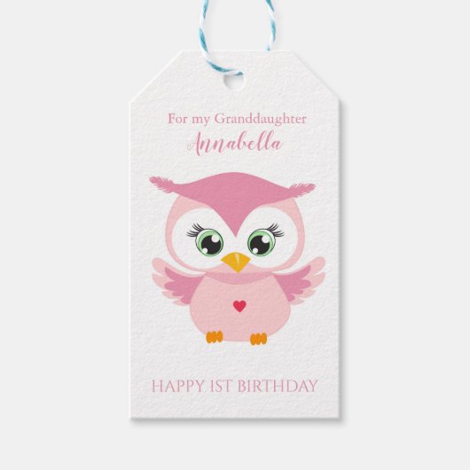 Grootdochter eerste verjaardag Cute Pink Owl Cadeaulabel (Voorkant)