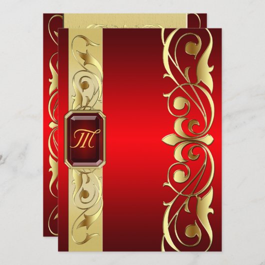 Groothertog Red Jewel Gold Scroll Red Uitnodiging (Voorkant / Achterkant)