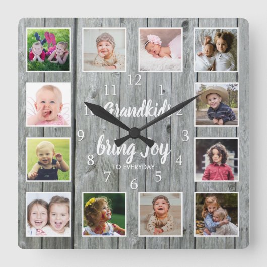 Grootkinderen Citaat 12 Foto Collage Rustic Gray W Vierkante Klok (Voorkant)