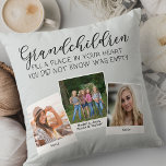 Grootkinderen gedicht 3 Foto Collage Silver Gray Kussen<br><div class="desc">Aangepaste fotokussens voor grootouders of kleinkinderen. Het gedicht luidt: "kleinkinderen vullen een plek in je hart die je niet kende was leeg" en wordt geletterd met elegante kalligrafie en grillige hoofdtypografie. Het fotomalplaatje is opstelling voor u om 3 van uw favoriete afbeeldingen toe te voegen, die in een eenvoudige overlappende...</div>