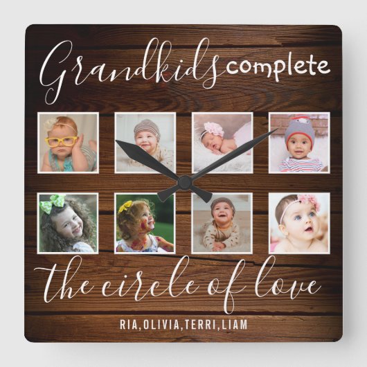 Grootkinderen Love Quote 8 Photo Collage Rustic Wo Vierkante Klok (Voorkant)