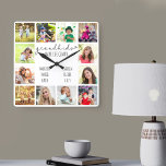 Grootkinderen maken grote prijsopgave voor het lev vierkante klok<br><div class="desc">Fotoklok voor grootouders met 12 van je favoriete afbeeldingen. Creëer uw eigen foto collage van de netstijl en voeg de namen van de kleinkinderen toe (2 tot 8 namen kijken het best). Het citaat luidt "kleinkinderen maken het leven groots" en is klaar met een liefdeshart. Het ontwerp wordt met de...</div>