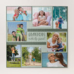 Grootkinderen maken het Grote Foto Collage Square Legpuzzel<br><div class="desc">Creëer uw eigen unieke fotopuzzel met 8 van uw favoriete afbeeldingen. De tekst in het midden is met de hand geschreven en luidt: "Grootkinderen maken het leven groots", wat dit een prachtig cadeau maakt voor je nana, grootouders, grootkinderen of kleinkinderen. Het fotomalplaatje is opstelling klaar voor u om uw afbeeldingen...</div>