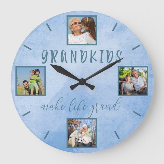 Grootkinderen maken leven Groot 4 Foto Blue Round Grote Klok (Voorkant)