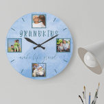 Grootkinderen maken leven Groot 4 Foto Blue Round Grote Klok<br><div class="desc">Creëer uw eigen unieke, ronde wandklok met vier van uw favoriete foto's. Het fotosjabloon is klaar om je afbeeldingen van de kleinkinderen, grootouders of familie toe te voegen. met de klok mee werken vanaf de bovenkant. De foto's worden in vierkante vorm weergegeven rond de tekst "kleinkinderen maken het leven groots"....</div>