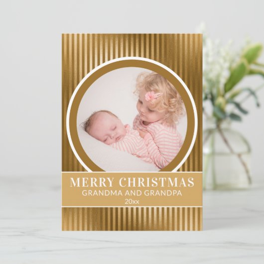 Grootkindfoto van Gold Merry-kerstgrootouders Feestdagenkaart (Staand voorkant)