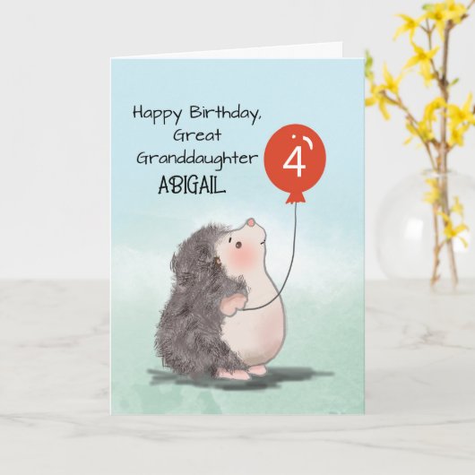 Grootkleindochter 4e verjaardag Hedgehog Balloon Kaart (Gele Bloem)