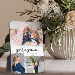 Grootma 3-fotografie fotoplaat<br><div class="desc">Persoonlijk 3 fotoplaque cadeau voor je grootmoeder, die je kunt personaliseren met je eigen boodschap, zoals ik hou van jou en jouw naam. Het fotomalplaatje zal uw afbeeldingen in een kleine fotocollage van 2x landschap en 1x portret afbeeldingen tonen. Grootgrootmoeder is letterlijk gekarteld in grillige typografie en verbonden met een...</div>