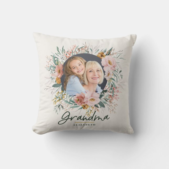 Grootma gift 2 foto roze girale waterverf floral kussen (Voorkant)