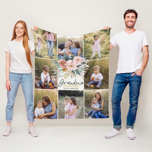 Grootma gift 8 foto roze girale waterverf floral fleece deken (In situ)