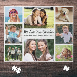 Grootma Love You Personated Photo Collage Legpuzzel<br><div class="desc">Een leuke foto-collage-puzzel voor 's werelds grootste oma. Je kunt je personaliseren met acht familiefoto's van kleinkinderen, kinderen, huisdieren, enz., je kunt de expressie aanpassen aan "Ik hou van je" of "We houden van je", en of ze "oma", "Nana", "Mommom" enz. wordt genoemd, en de namen van kleinkinderen en andere...</div>