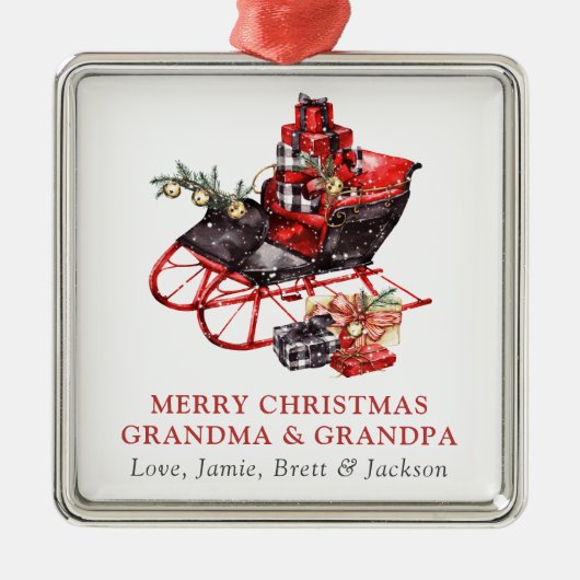 Grootma opa Red Sleigh Kerstmetaal Metalen Ornament (Voorkant)